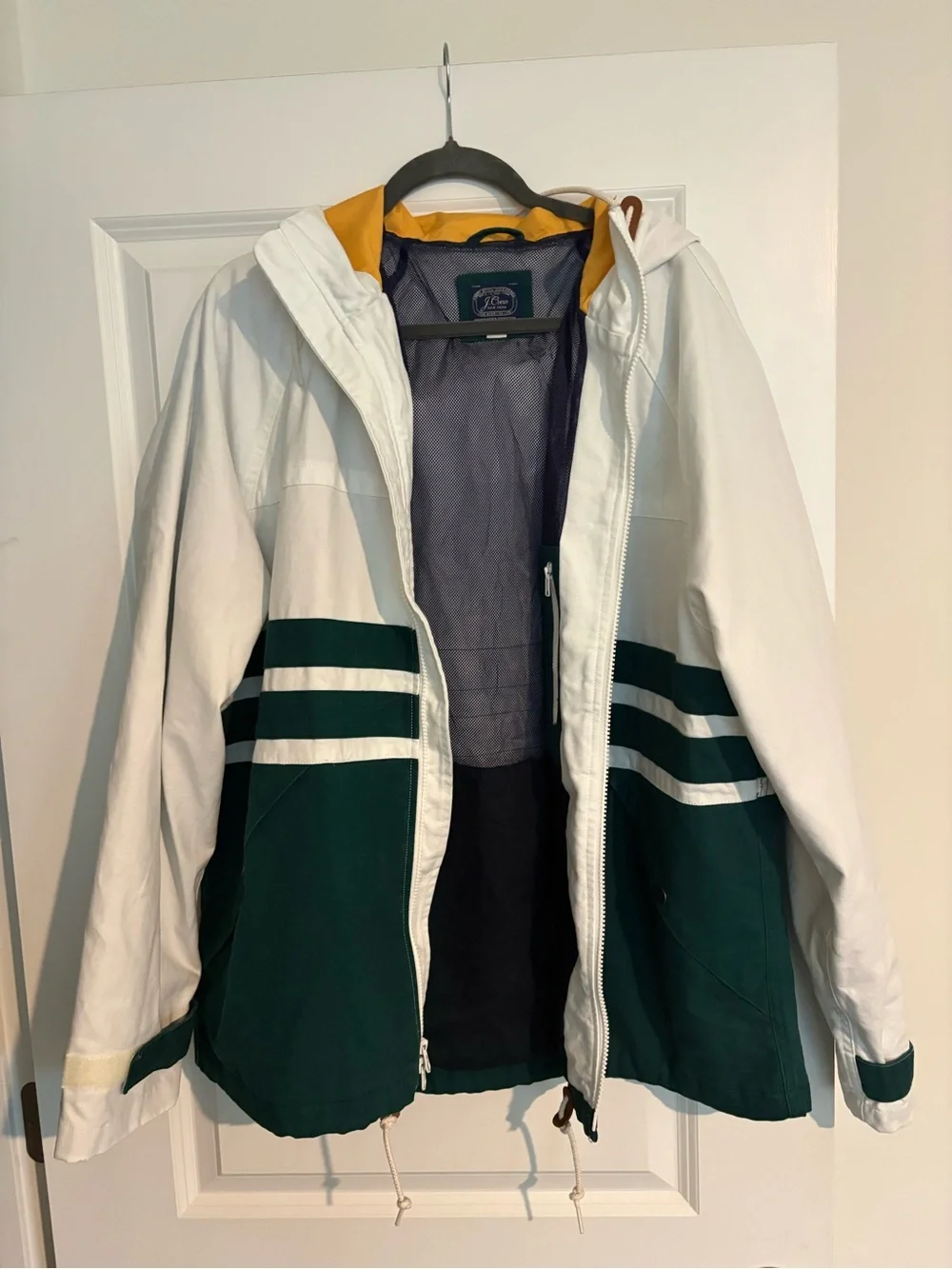 J. Crew Topsail White and Forest Green Hooded Jacket with Yellow Hood Lining